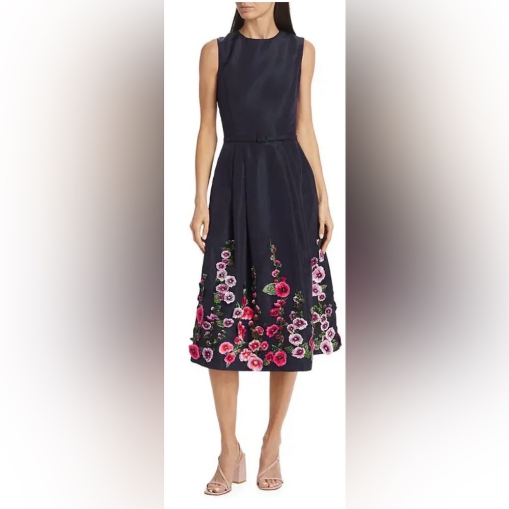 Oscar De La Renta Hollyhock silk Midi dress Navy Pink flowers NWT missing belt